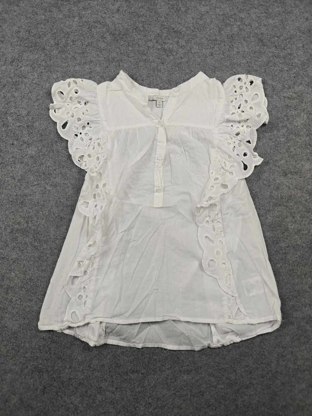 JOIE Blouse Womens XS White Tunic Henley Cotton Embroidered Ruffle Sleeve